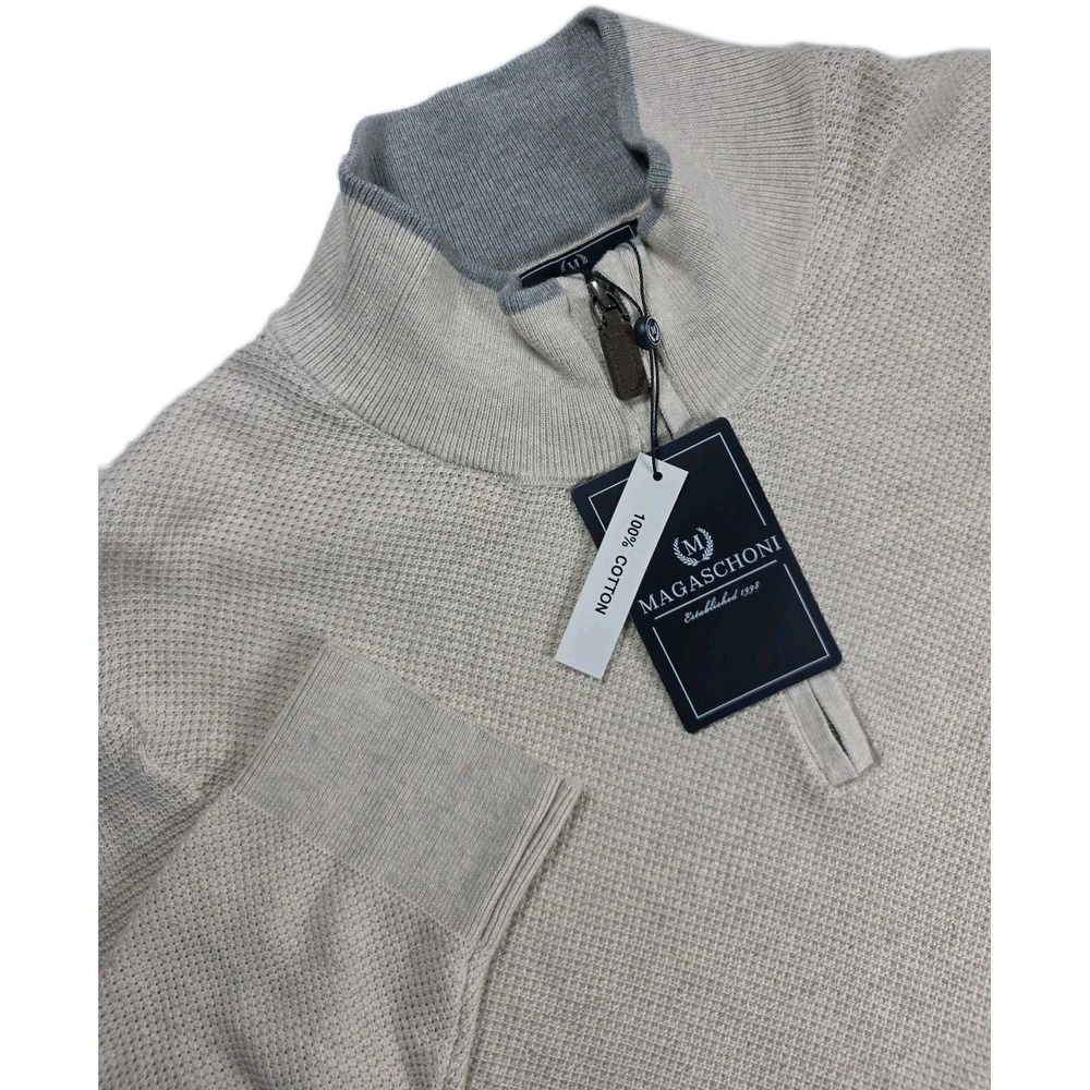 Magaschoni Men's 2XL CREAM 1/4 zip Sweater Long Sleeve Mock Neck COTTON NWT